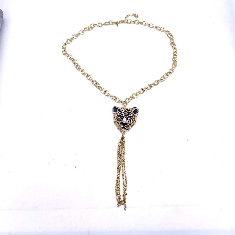 I Am Chain Tiger Pendant Necklace Rhinestone Tassel Lobster Closure Signed